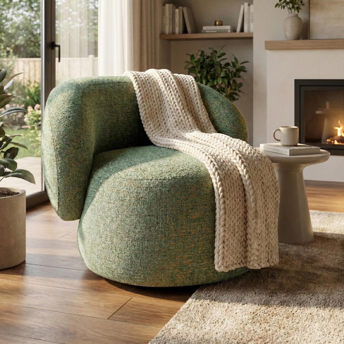 SESSEL Mao, Drehsessel mit runder Form, Grün, Chenille-Stoff - Grün, Textil (99/82/91cm) - Beautysofa