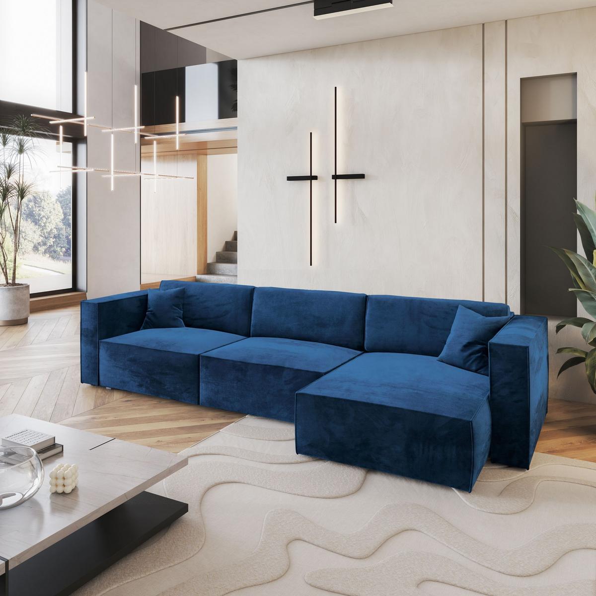 ECKSOFA TOLMO M Blau Velours-Stoff mit Schlaffunktion - Blau/Grau, Holz/Kunststoff (347/148cm) - MASSENO