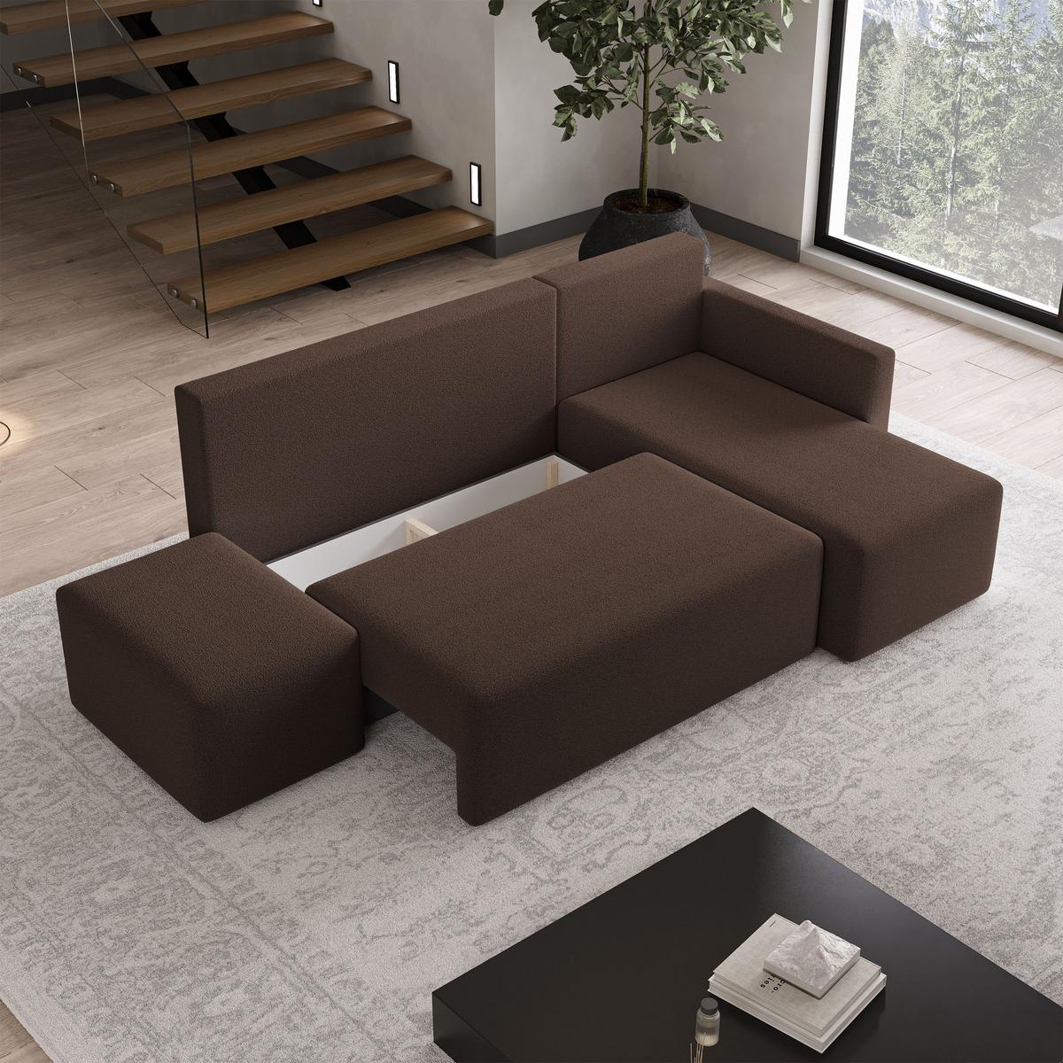 ECKSOFA VELOTTI R-S Braun Boucle-Stoff mit Schlaffunktion - Braun, Holz (261/143cm) - MASSENO