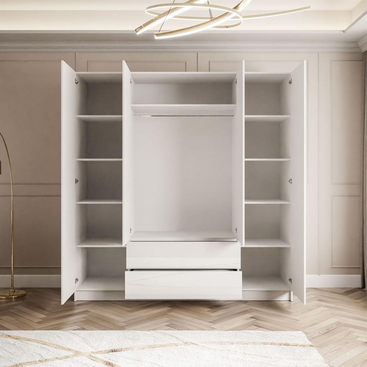 KLEIDERSCHRANK AUREL 4D2SZ mit Schubladen und Spiegel - Weiß Hochglanz, Holzwerkstoff (200/200/57cm) - Lookway