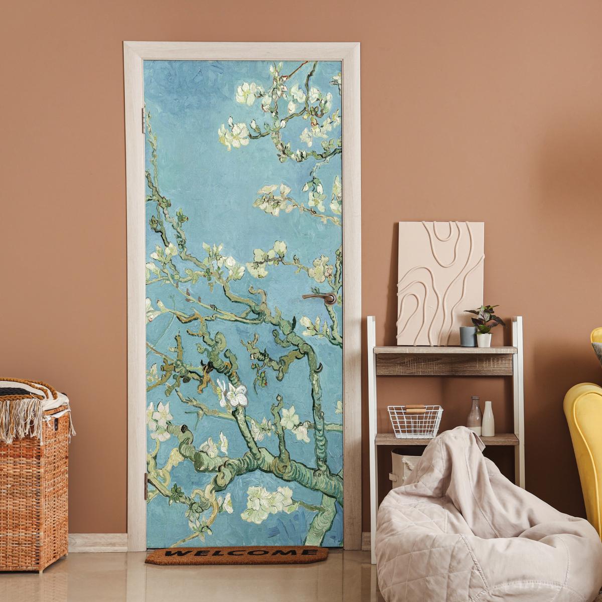 TÜRAUFKLEBER Selbstklebend - Mandelblüte - Van Gogh - Kunst 85x205 cm - Türtapete - Pastellblau, Kunststoff (85/205cm) - MuchoWow