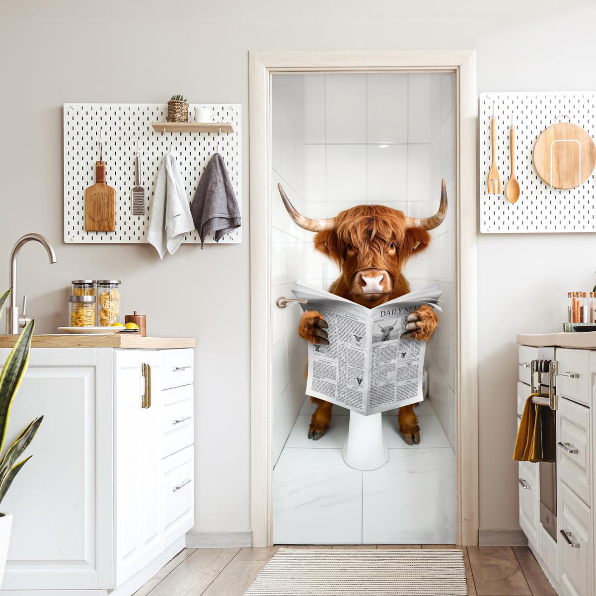 TÜRAUFKLEBER Scottish Highlander - Zeitung - WC - Tier Fototapete 75x205 cm - Türtapete - Weiß, Kunststoff (75/0.1/205cm) - MuchoWow