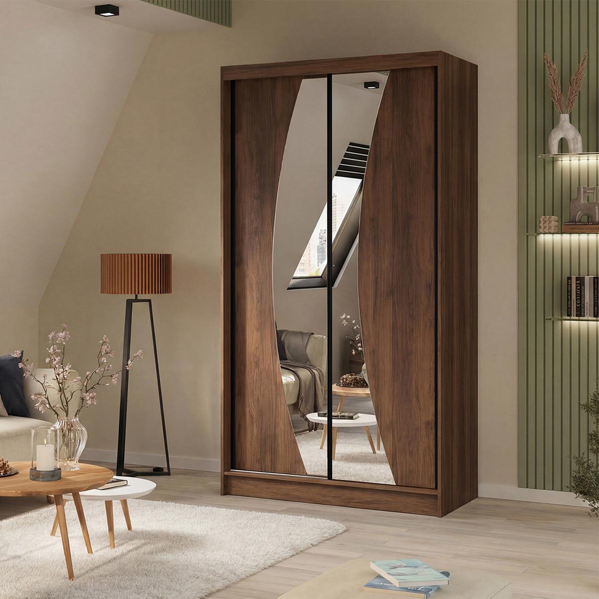 SCHWEBETÜRENSCHRANK Vox II mit Schubladen und Spiegel 120/216/61 Walnuss - Walnussfarben, Holzwerkstoff (120/216/61cm) - Beautysofa