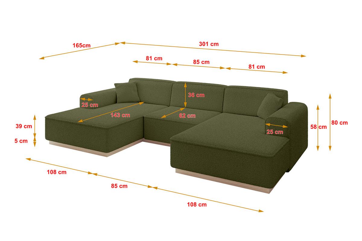 WOHNLANDSCHAFT IREA-U1 - 301x165x80 cm Grün - Platinfarben/Olivgrün, Holzwerkstoff/Textil (301/80/165cm) - ALTDECOR