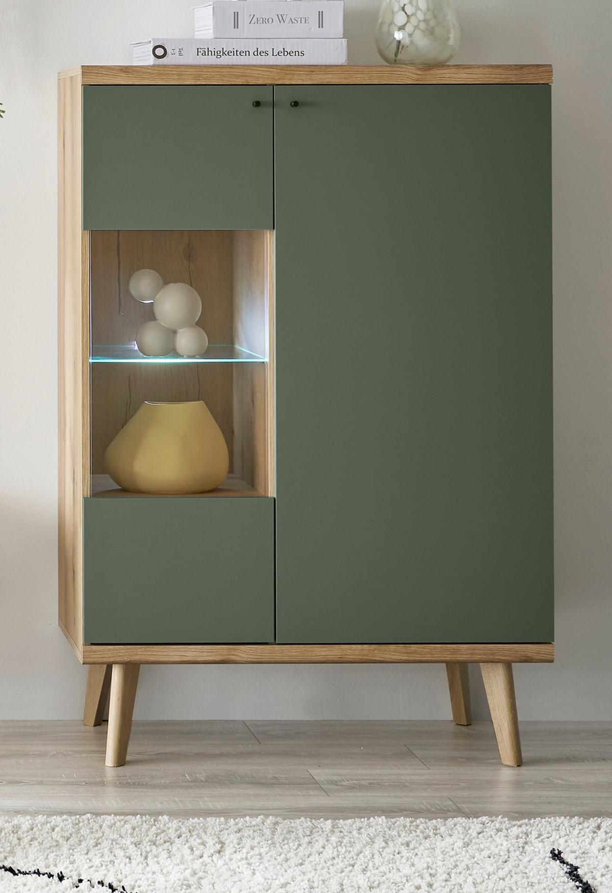 HIGHBOARD Salbei, Eiche Evoke, skandinavisch 90 x 134 cm, Kommode 2-türig mit Glaselement - Salbeigrün/Eichefarben, Glas/Holz (90/134/40cm) - Furn.Design