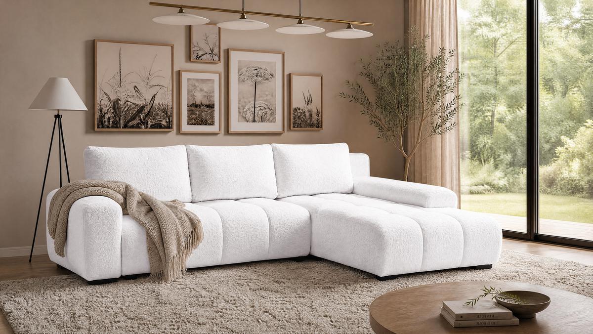 ECKSOFA Ovia mit Bettkasten und Schlaffunktion, Bouclé-Stoff in L-Form - Weiß, Textil (270/185cm)