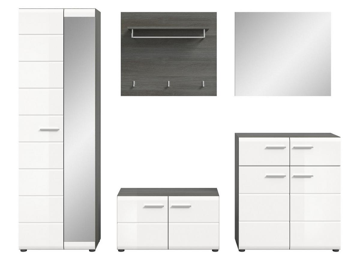 GARDEROBE Set 5-teilig weiß Hochglanz, grau 250 cm, Komplettset mit viel Stauraum - Weiß Hochglanz/Silberfarben, Glas/Holzwerkstoff (250/192/37cm) - Inn.Furn