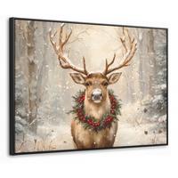 LEINWAND Bilder mit Rahmen - Weihnachten - Rentier - Winter - Kranz - 100x70 - Naturfarben, Textil (100/70cm) - MuchoWow
