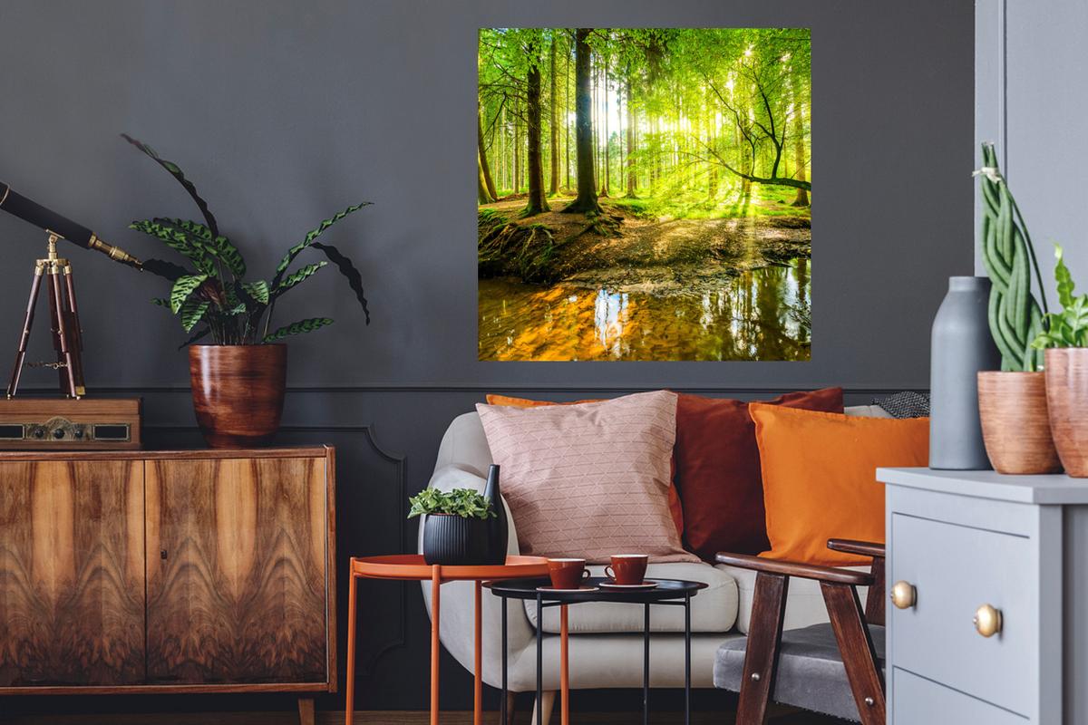 WANDTATTOO Wald - Landschaft - Wasser - Bäume - Sonne - Grün - Natur Wanddeko 50x50 cm - Grün, Kunststoff (50/50/0.1cm) - MuchoWow