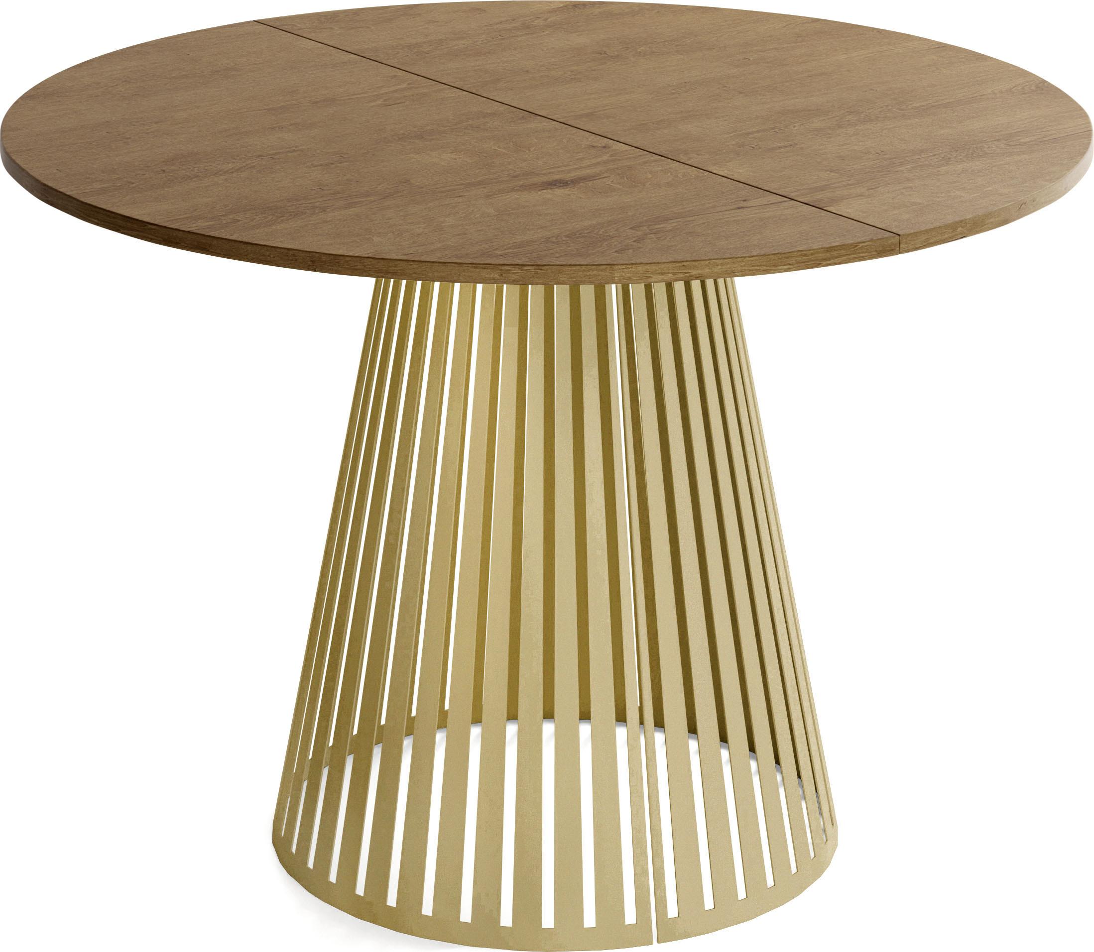 ESSTISCH Naro rund ausziehbar mit Goldenem Lamellen-Metallgestell, Braun 100-180/100/76 cm - Alteiche/Goldfarben, Holzwerkstoff/Metall (100/176/76cm) - WFL GROUP
