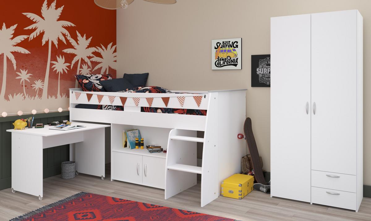 KINDERZIMMER weiß, Komplett-Set 2-teilig mit Stauraumbett, Kleiderschrank - Silberfarben/Weiß, Holzwerkstoff/Kunststoff (115/185/204cm) - Parisot Meuble