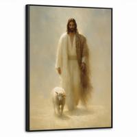 LEINWAND Bilder mit Rahmen - Schaf - Jesus - Pinselstriche - Abstrakt - 70x100 - Beige, Textil (70/100cm) - MuchoWow