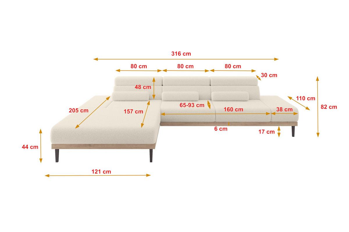 ELEKTRISCHES ECKSOFA Links MONA 316x205x85 Beige Bouclé - Greige/Beige, Holzwerkstoff/Textil (316/205cm) - ALTDECOR
