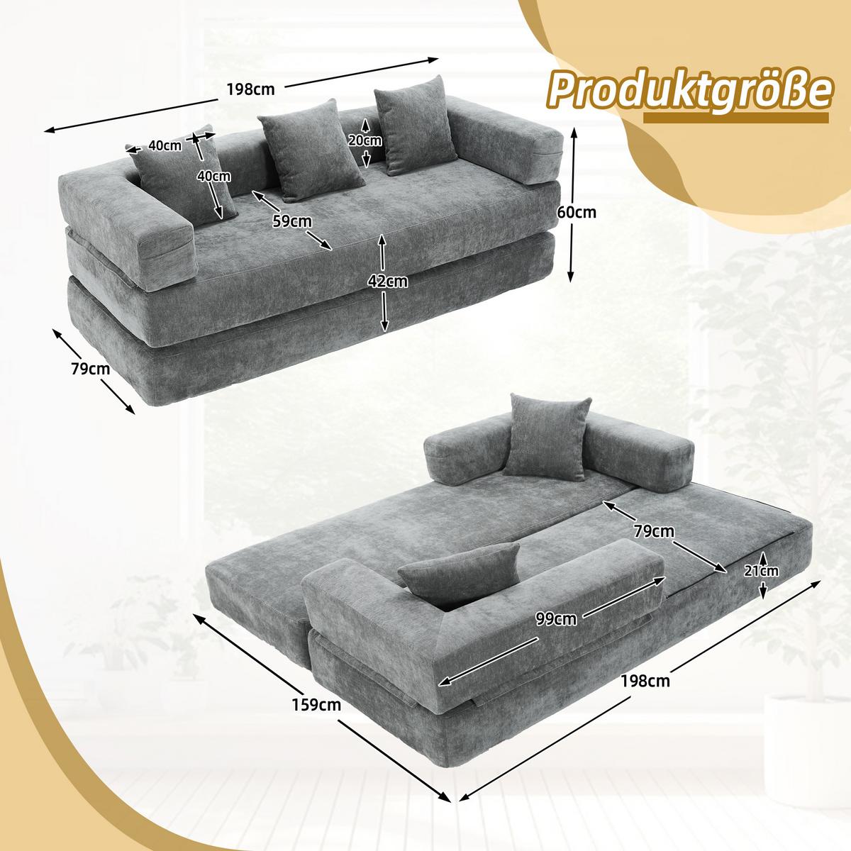 SCHLAFSOFA Modulares Chenille Block-Sofa DIY Kombinierbar mit Seitentaschen & Rutschfest - Dunkelgrau, Textil (198/60/79cm) - Urban Meuble