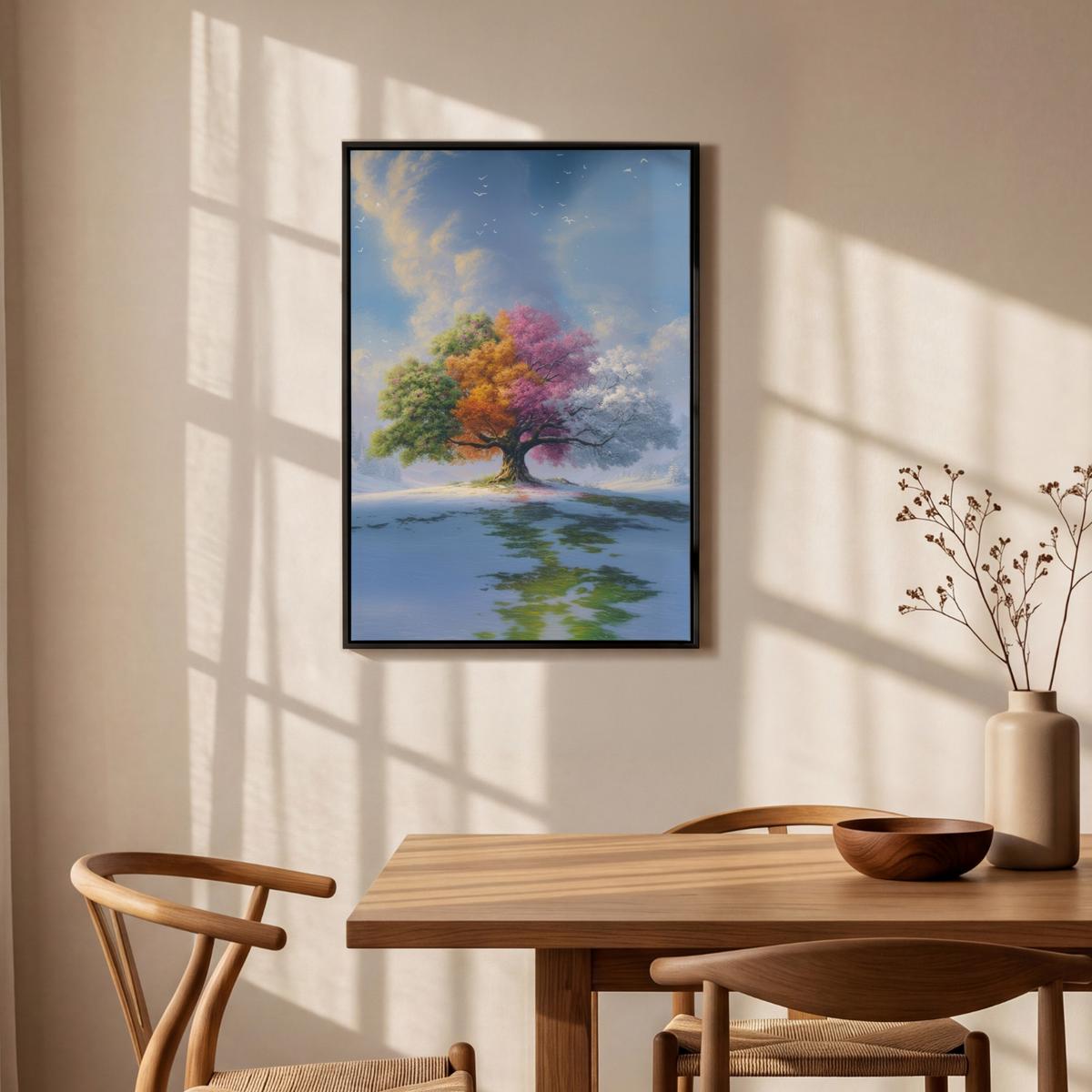 LEINWAND Bilder mit Rahmen - Baum - Jahreszeiten - Winter - Landschaft - 60x90 - Multicolor, Textil (60/90cm) - MuchoWow