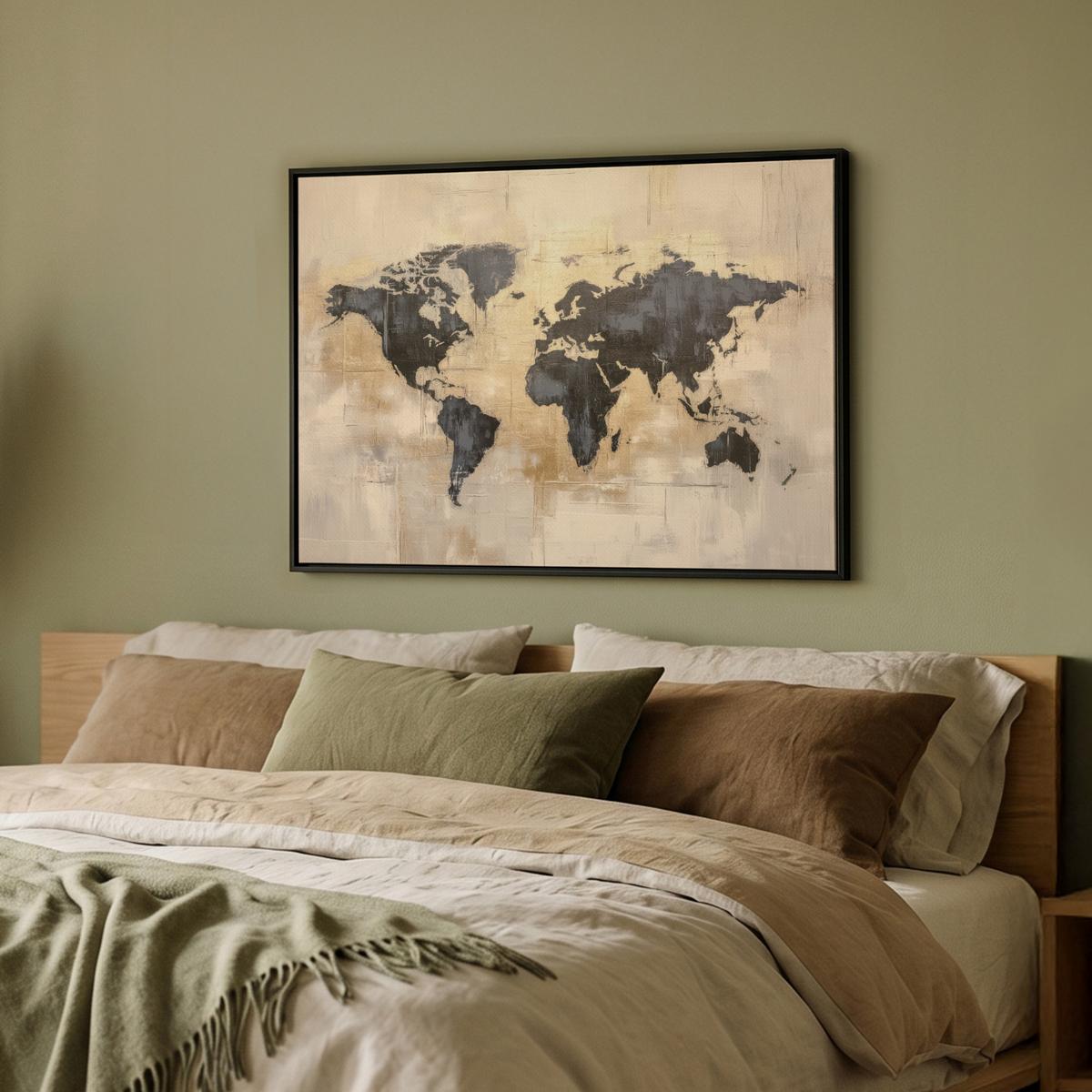 LEINWAND Bilder mit Rahmen - Weltkarte - Gold - Schwarz - Abstrakt - 70x50 - Kupferfarben, Textil (70/50cm) - MuchoWow