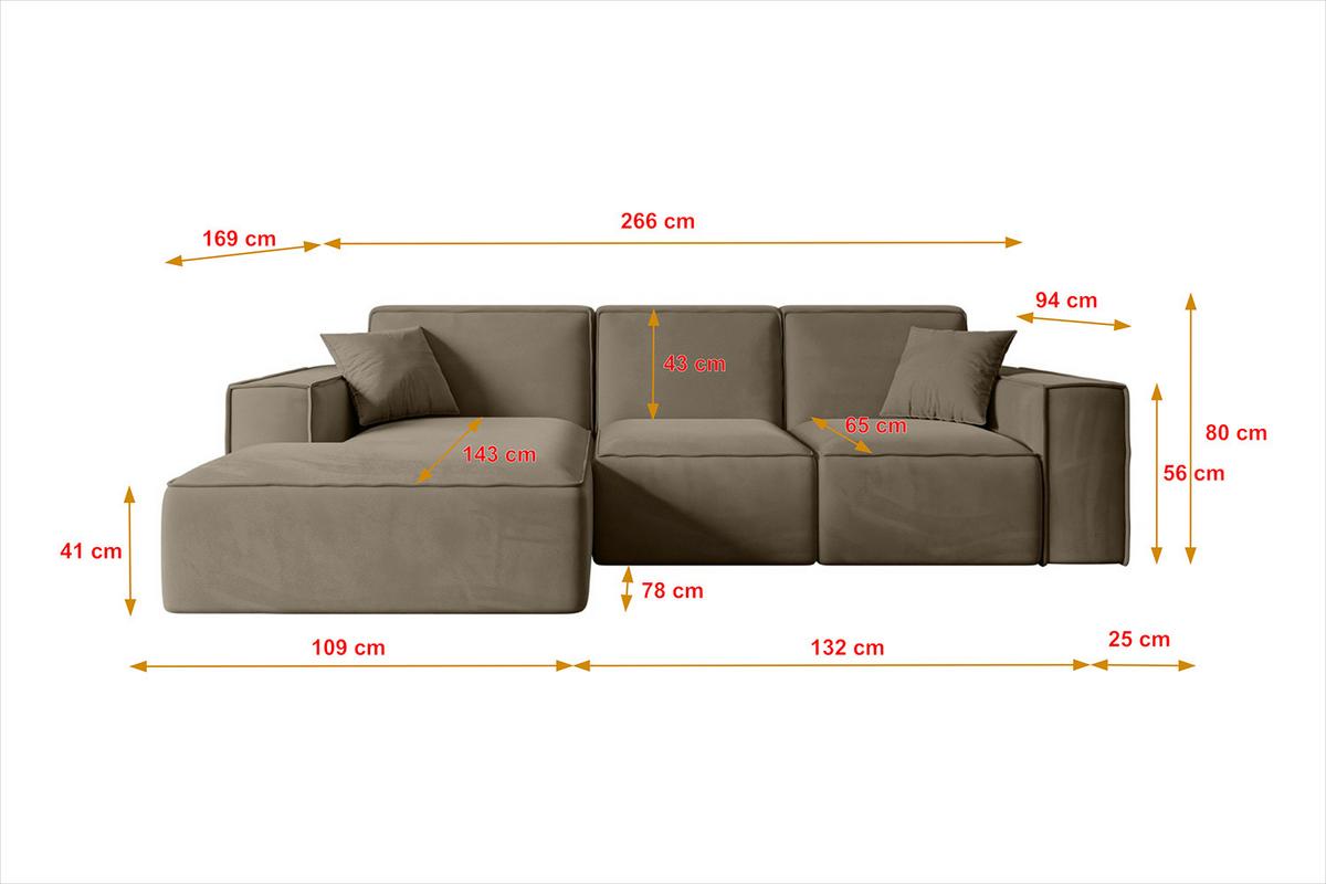 ECKSOFA Ottomane Links SERRA-L - 266x169x80 cm Braun Velours - Schwarz/Braun, Holzwerkstoff/Kunststoff (165/266cm) - ALTDECOR