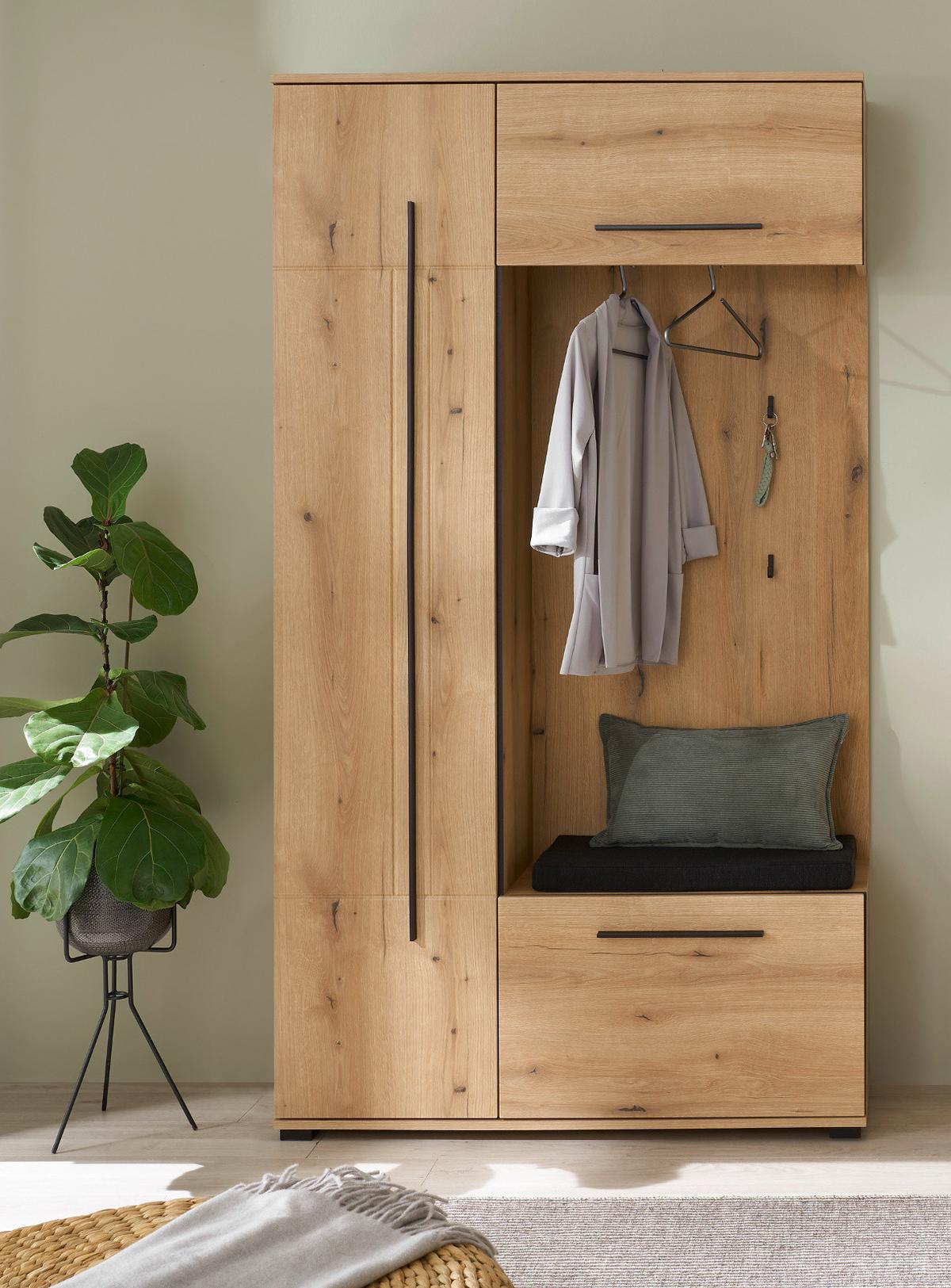 KOMPAKTGARDEROBE Evoke Eiche 111 x 200 cm, Garderobe mit Soft-Close - Eichefarben/Schwarz, Holzwerkstoff/Kunststoff (111/200/37cm) - Furn.Design