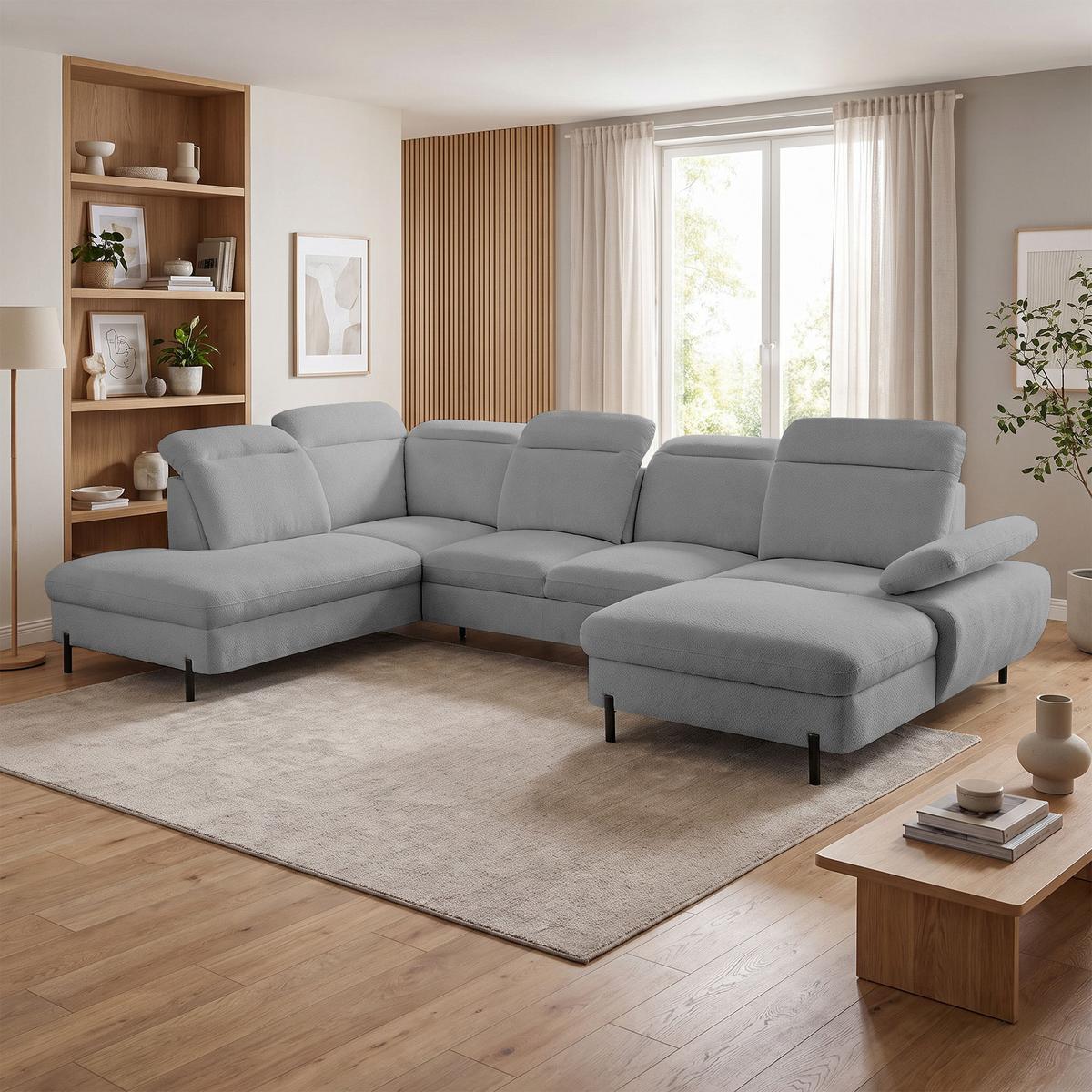 WOHNLANDSCHAFT Sora U mit Schlaffunktion und verstellbarer Sitztiefe, Kopfstützen und Armlehne, 365 cm, Grau, Rechts - Schwarz/Grau, Textil (365/107/235cm) - Beautysofa