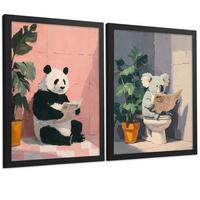 POSTER 2er-Set dekorative Badezimmer-Kunstdrucke und lustige für Wand, Toilette mit lesenden Tieren im Badezimmer, Stil Schwarzer Rahmen A4 - Schwarz, Papier (29.7/21/3cm) - Nacnic