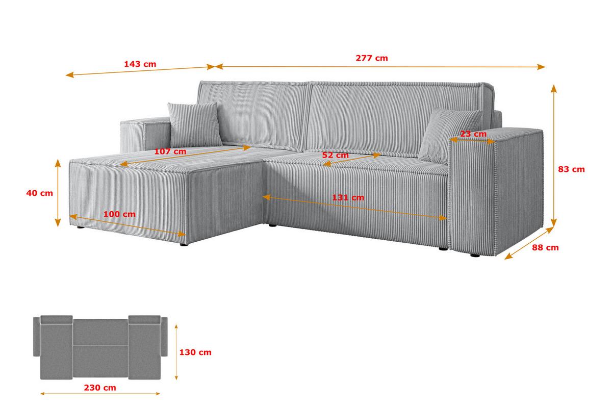 ECKSOFA mit Schlaffunktion und Bettkasten CELTIC-XL - 277x143x83 cm Grau Cord - Schwarz/Grau, Holzwerkstoff/Kunststoff (277/143cm) - ALTDECOR
