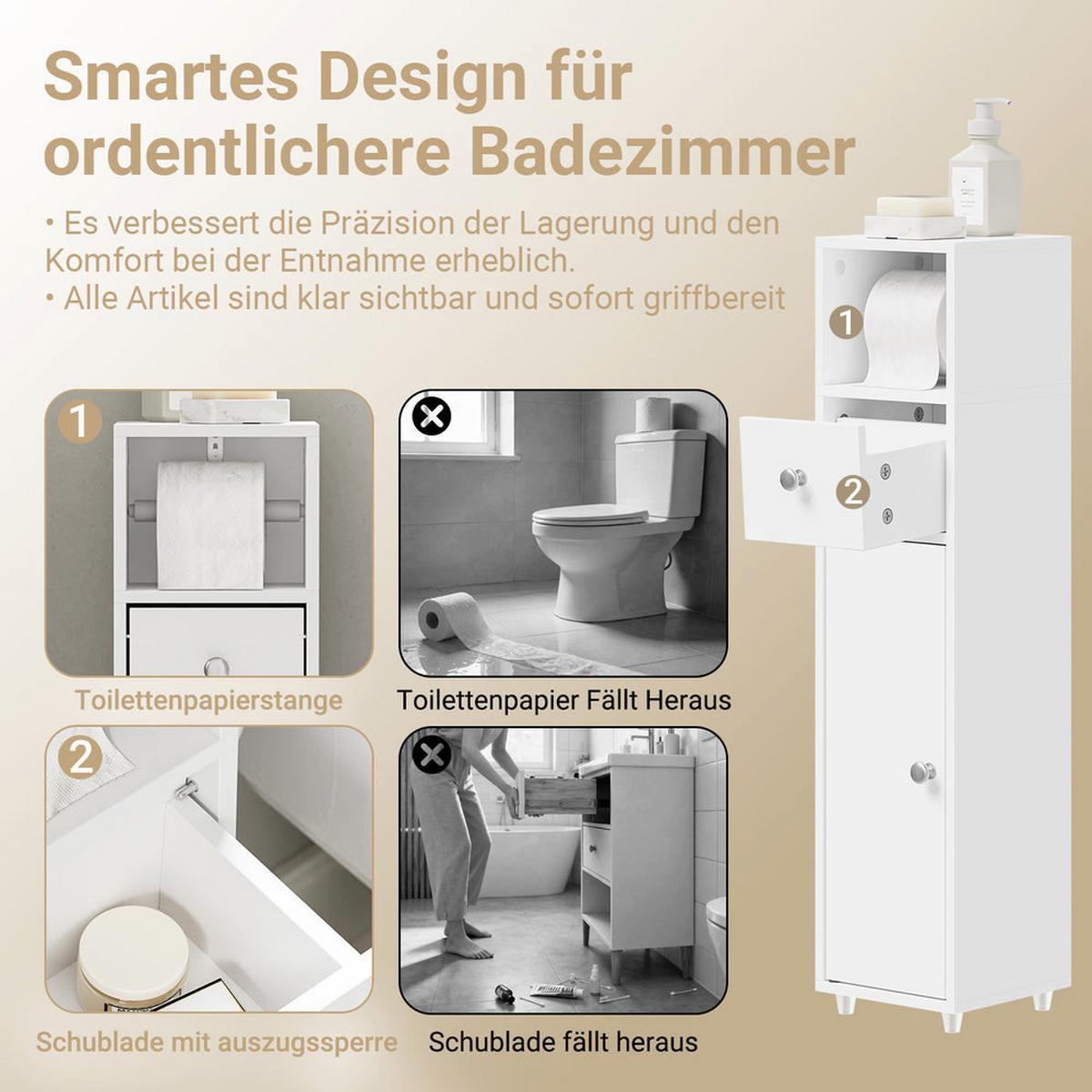 BADEZIMMERSCHRANK mit Toilettenpapierhalter schmal 20cm Weiß BZR219-W - Ahornfarben, Fell (20/85/20cm) - SoBuy