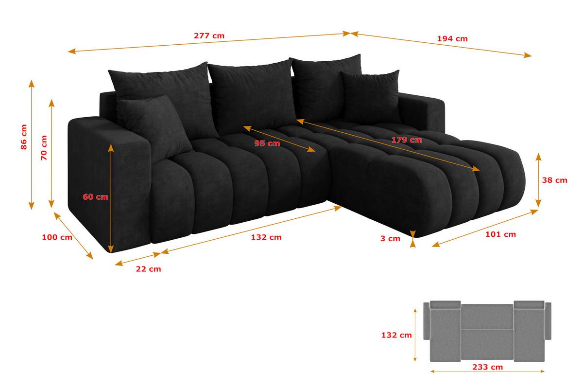ECKSOFA mit Schlaffunktion Ottomane Rechts MILA-L-v1 277x195x86 Schwarz Velours - Schwarz, Holzwerkstoff/Kunststoff (277/194cm) - ALTDECOR
