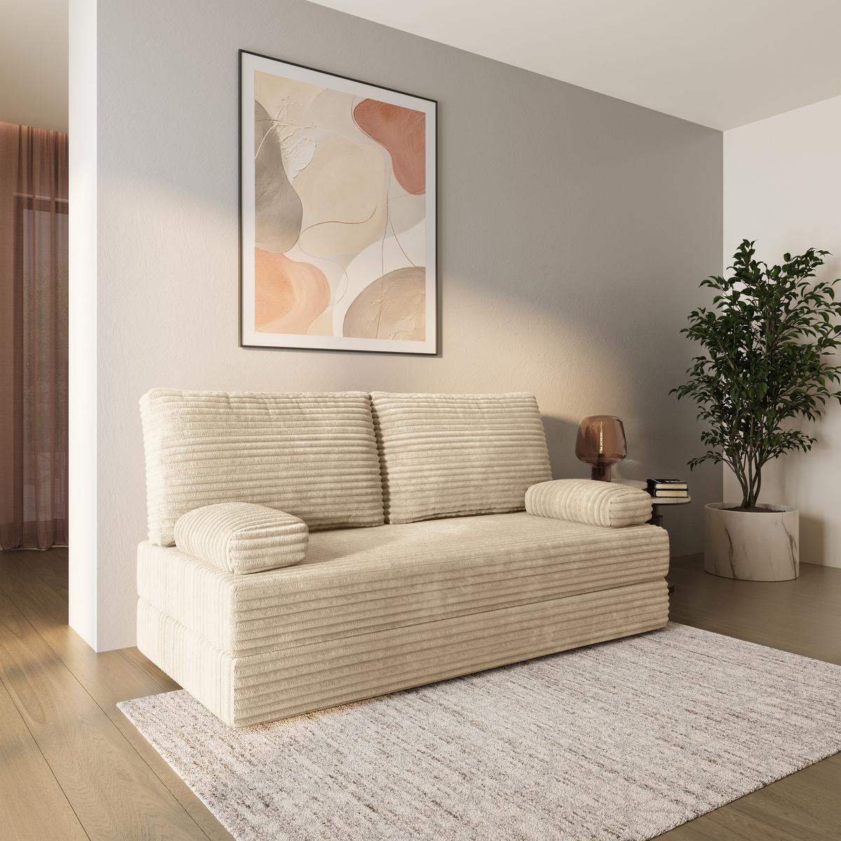 BETTSOFA SILAR aus Schaumstoff Kordstoff Creme Schlaffunktion - Creme, Textil (170/86/80cm) - MASSENO