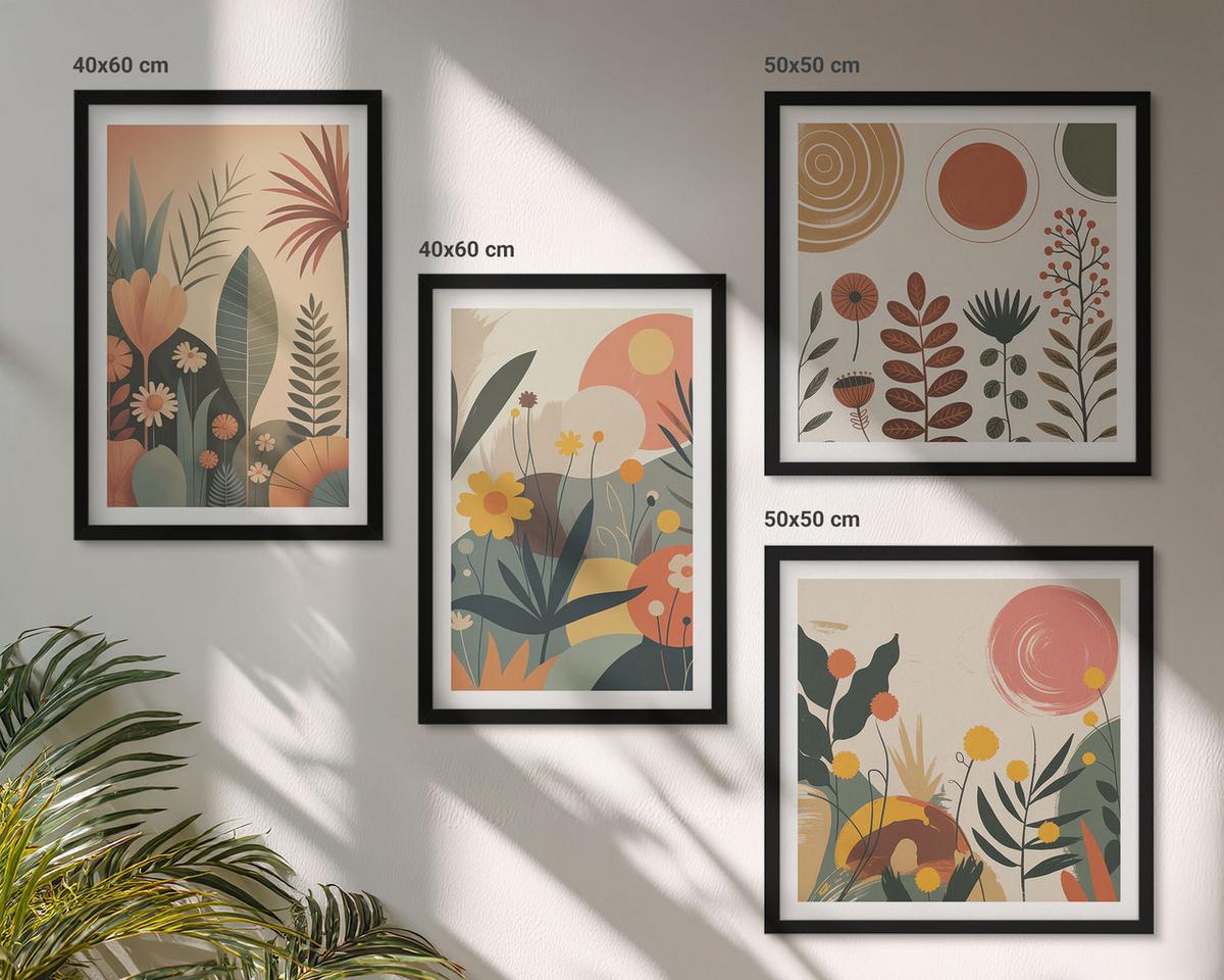 BILDER SET 4er Set - 50x50 cm & 40x60 cm Schwarzer Rahmen - Boho-Pflanzenmuster - Schwarz, Kunststoff (50/50cm) - TULUP