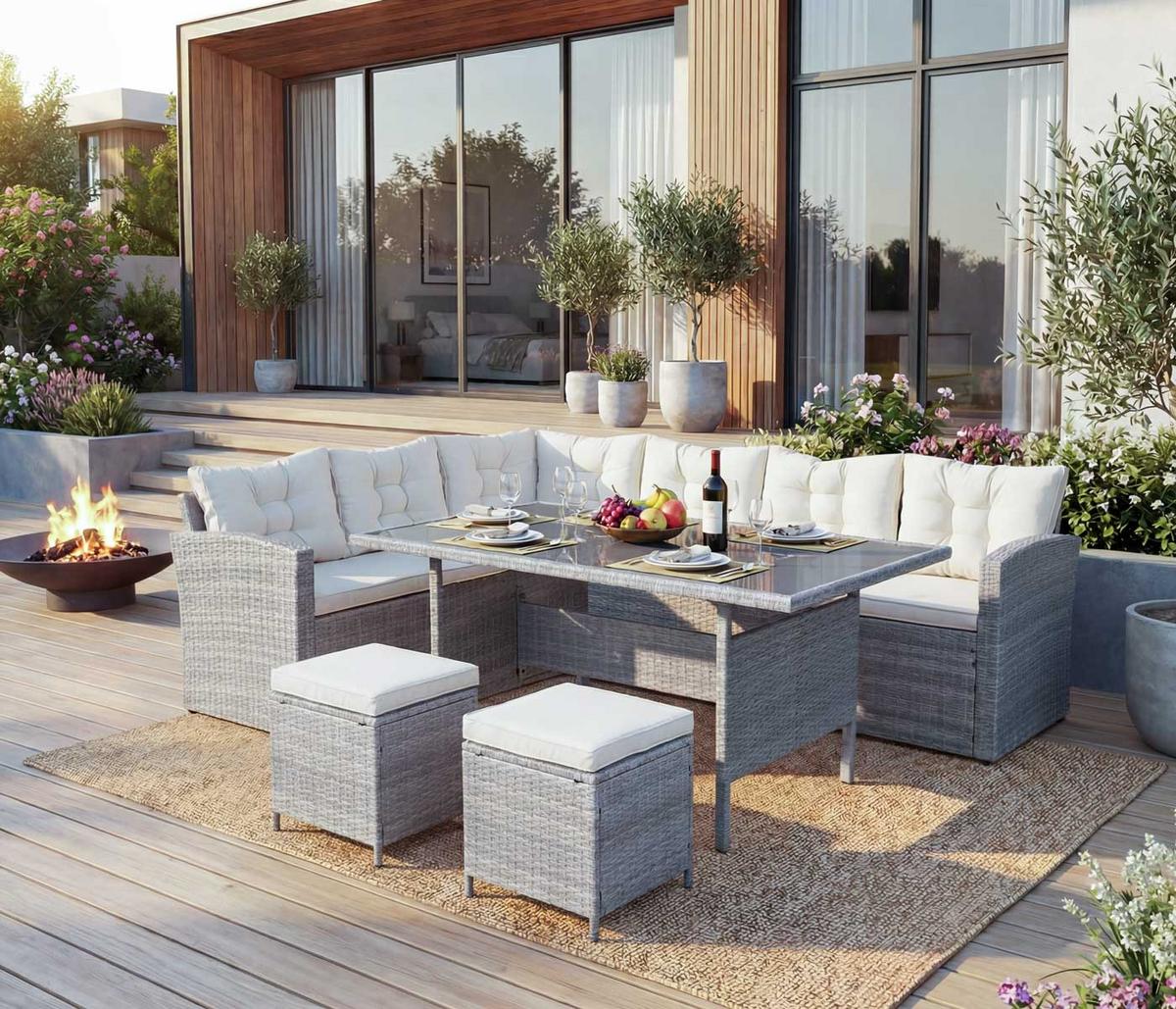 POLY-RATTAN-GARNITUR Hellgrau - Hellgrau, Kunststoff - MCW
