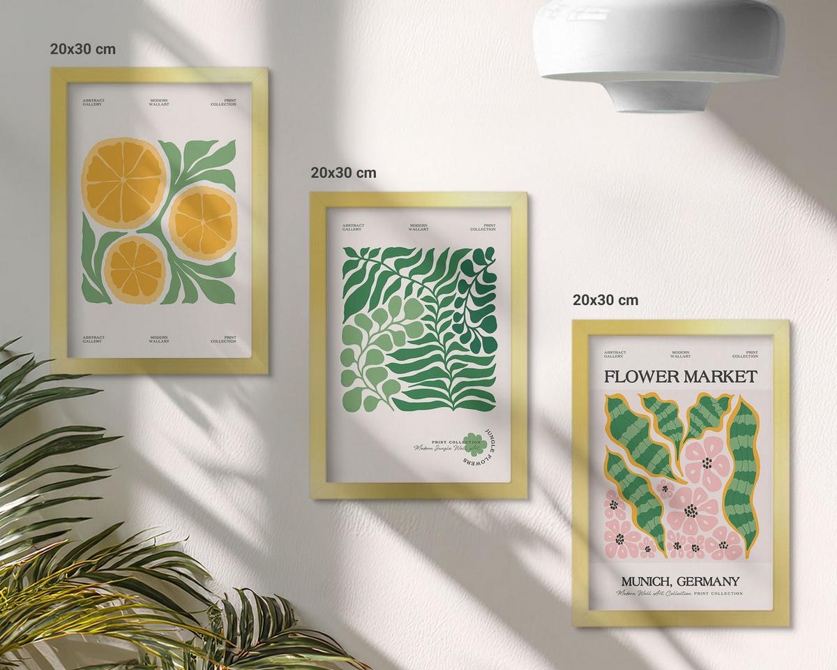 BILDER SET 3er Set - 20x30 cm Goldrahmen - Pastellfarbene Frucht- und Pflanzenmotive - Goldfarben, Kunststoff (20/30cm) - TULUP