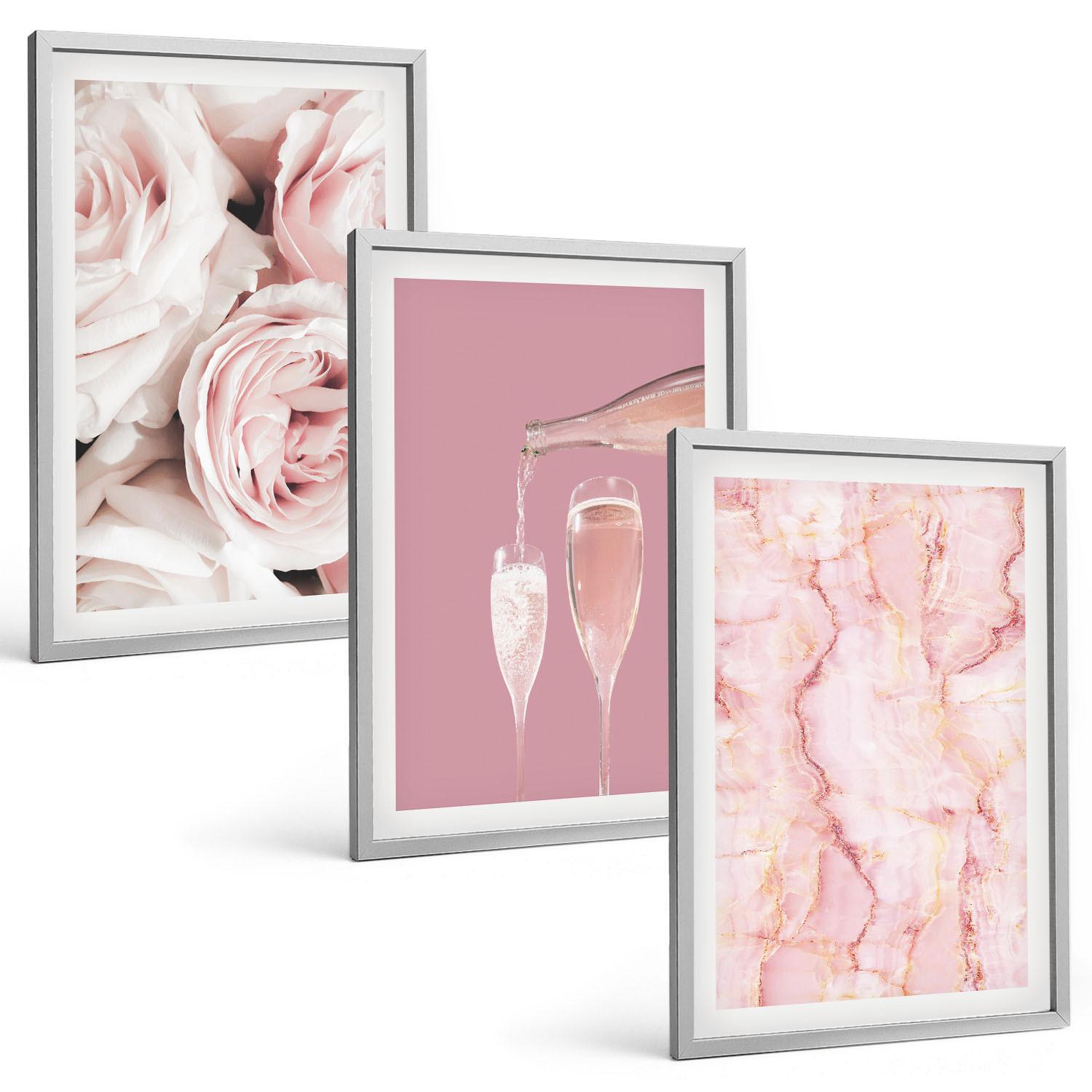BILDER SET 3er Set - 40x60 cm Silberner Rahmen - Champagnerfarbene Rosen, Marmorhintergrund - Silberfarben, Kunststoff (40/60cm) - TULUP