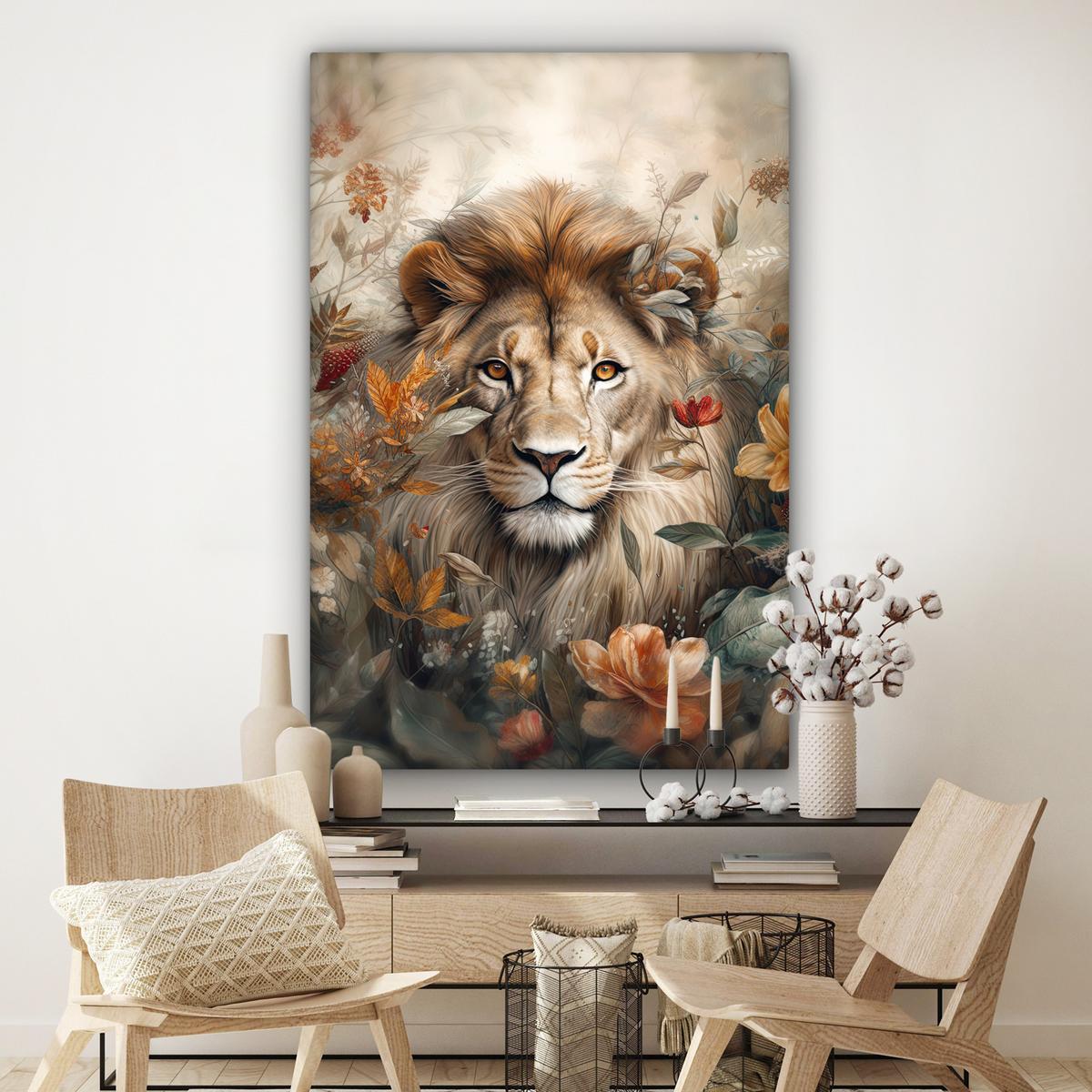 LEINWANDBILD Löwe - Wildtiere - Pflanzen - Natur - Blumen Deko Groß 90x140 cm - Beige, Textil (90/140cm) - MuchoWow