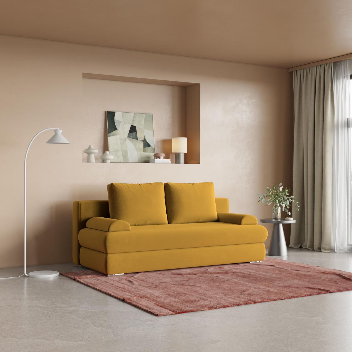 SCHLAFSOFA ASPERO Gelb Plüsch-Stoff mit Schlaffunktion - Gelb, Holz (200/95/75cm) - MASSENO