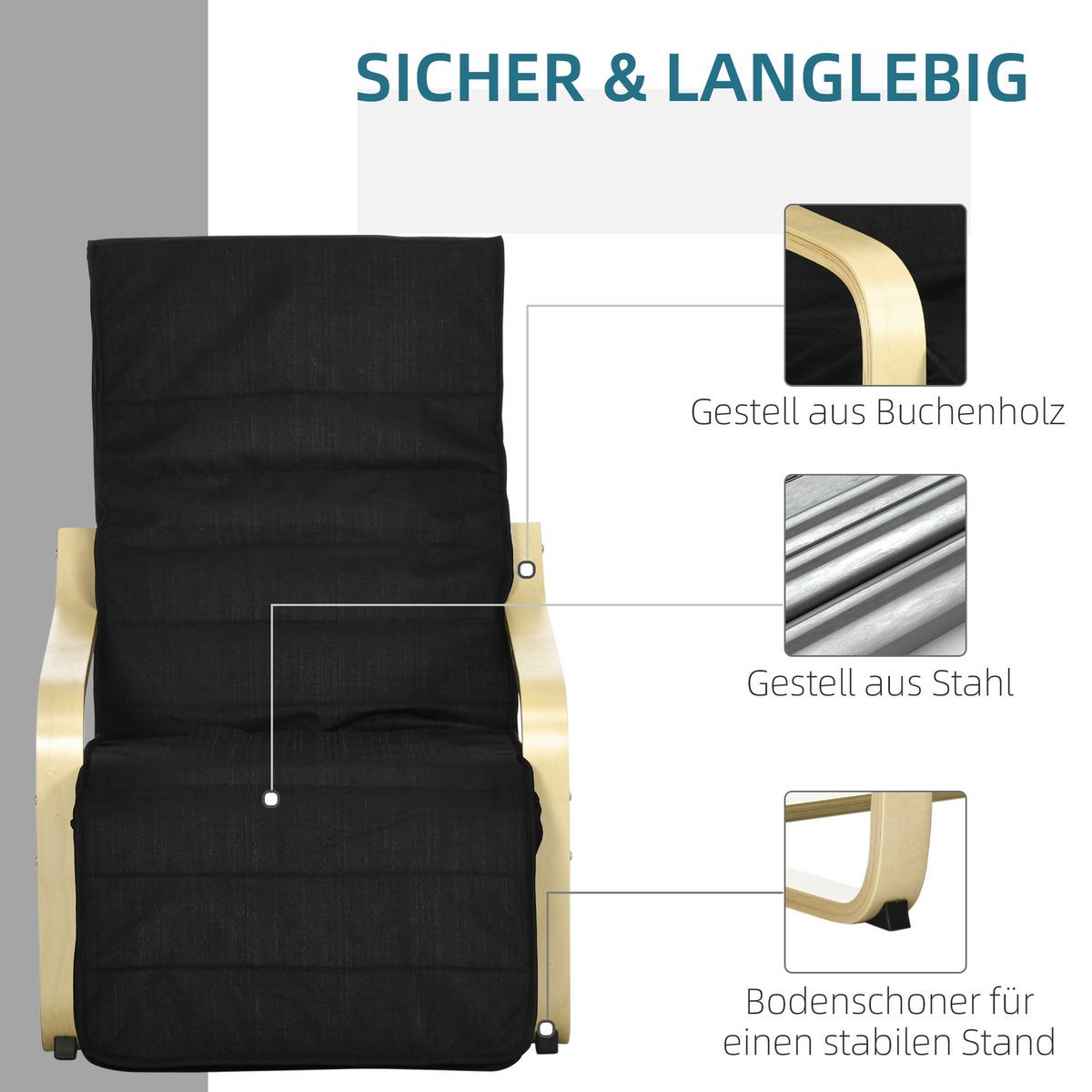 RELAXSESSEL Schwingstuhl, Ruhesessel, Relaxstuhl mit Verstellbarem Fußteil - Schwarz, Holz (94/100/66.5cm) - HOMCOM