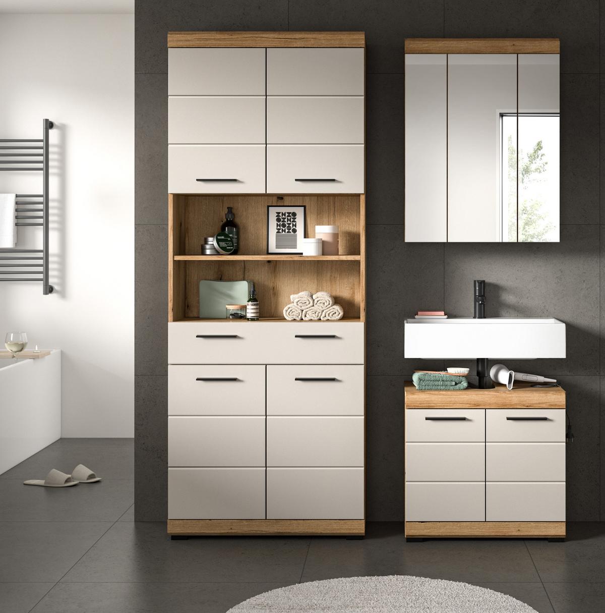 BADMÖBEL-SET Sand Kaschmir, Evoke Eiche, Badkombination 3-teilig 149 cm, viel Stauraum - Kaschmir/Eichefarben, Glas/Holzwerkstoff (149/191/34cm) - Inn.Furn