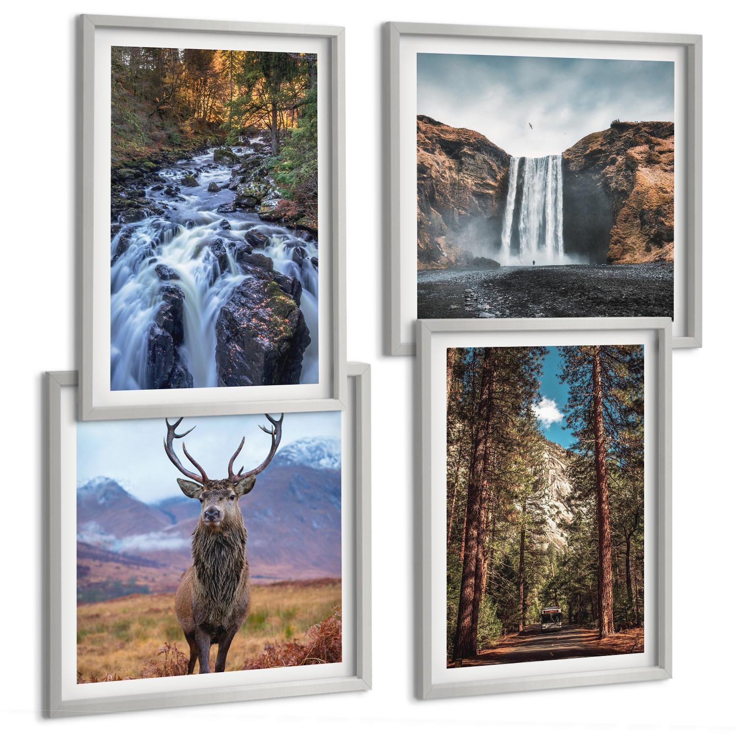 BILDER SET 4er Set - 50x50 cm & 40x60 cm Silberner Rahmen - Wasserfall Wald Berge Hirsch Natur - Silberfarben, Kunststoff (50/50cm) - TULUP