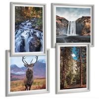 BILDER SET 4er Set - 50x50 cm & 40x60 cm Silberner Rahmen - Wasserfall Wald Berge Hirsch Natur - Silberfarben, Kunststoff (50/50cm) - TULUP