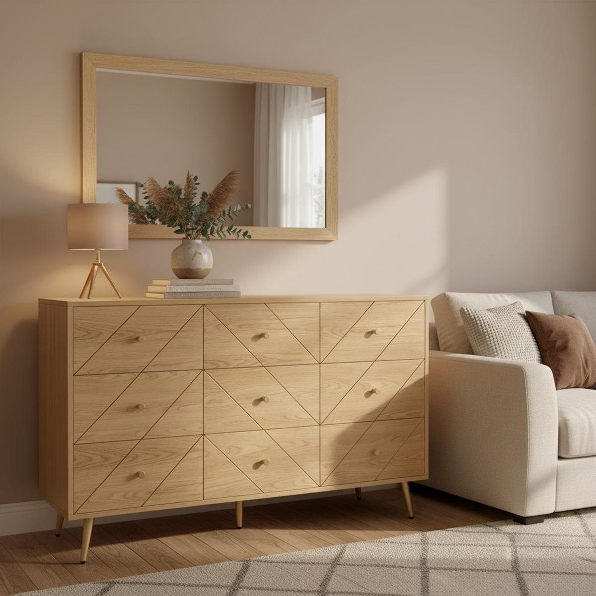 SIDEBOARD mit 9 Schubladen, Eisenbeinen & geometrischem Muster - Sonoma Eiche, Holzwerkstoff/Metall (120/80/39cm) - Urban Meuble