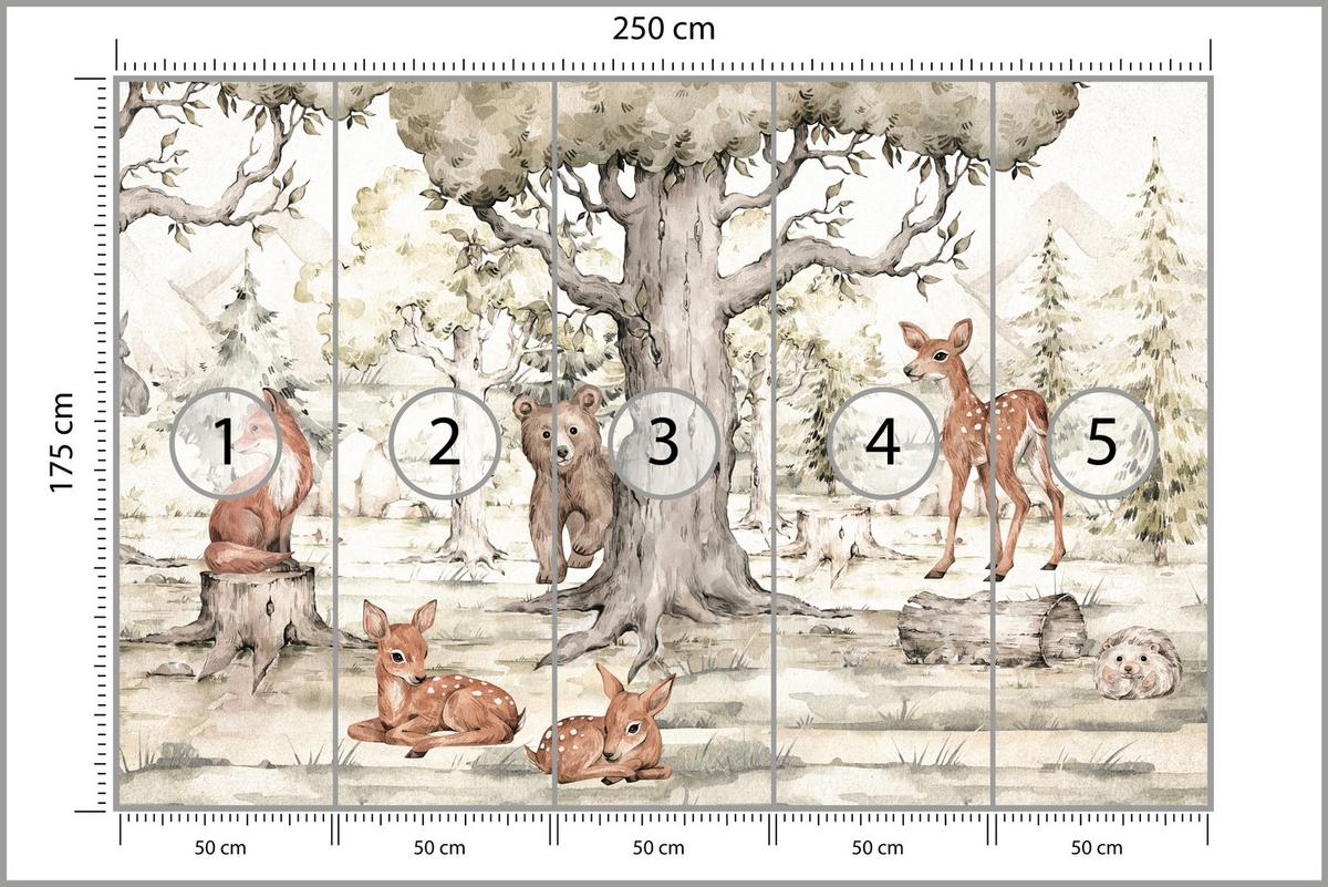 FOTOTAPETE für Kinderzimmer Waldtiere Aquarell Bär Fuchs Reh Bäume 250x175 - Beige/Orange, Papier (250/175cm) - Muralo
