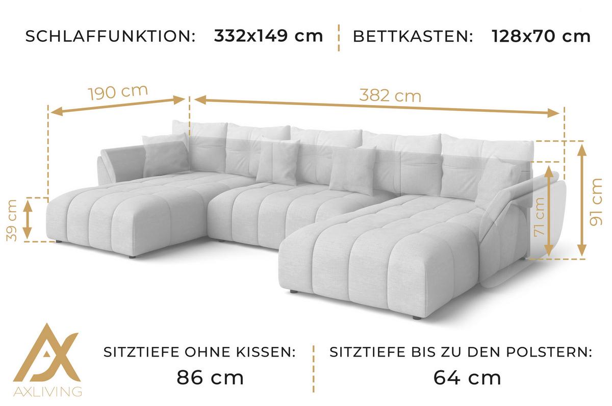 WOHNLANDSCHAFT Antalya Beige 382/190/91 cm – Sofa mit Bettfunktion - Beige/Schwarz, Kunststoff/Textil (382/91/190cm) - AX Living