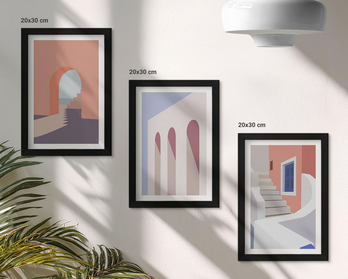 BILDER SET 3er Set - 20x30 cm Schwarzer Rahmen - Minimalistische Architekturillustrationen - Schwarz, Kunststoff (20/30cm) - TULUP