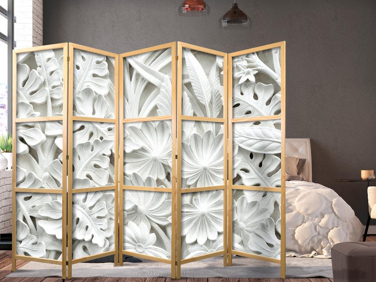 PARAVENT Japanischer 5-tlg 225x172 cm Wei e Bl tter 3D - Grau, Holz/Textil (225/172/3cm) - Muralo