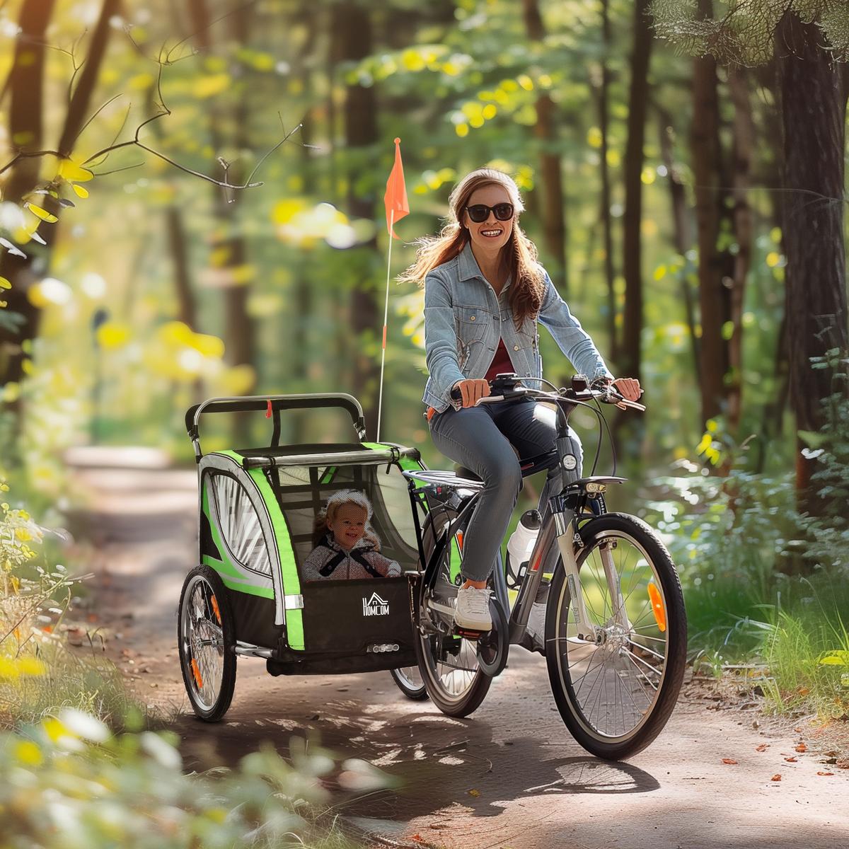 2 in 1 Kinderanhänger, Fahrradanhänger Kinderbuggy mit 5-Punkt Sicherheitsgurt - Schwarz/Grün, Kunststoff/Metall (75/101/142cm) - HOMCOM
