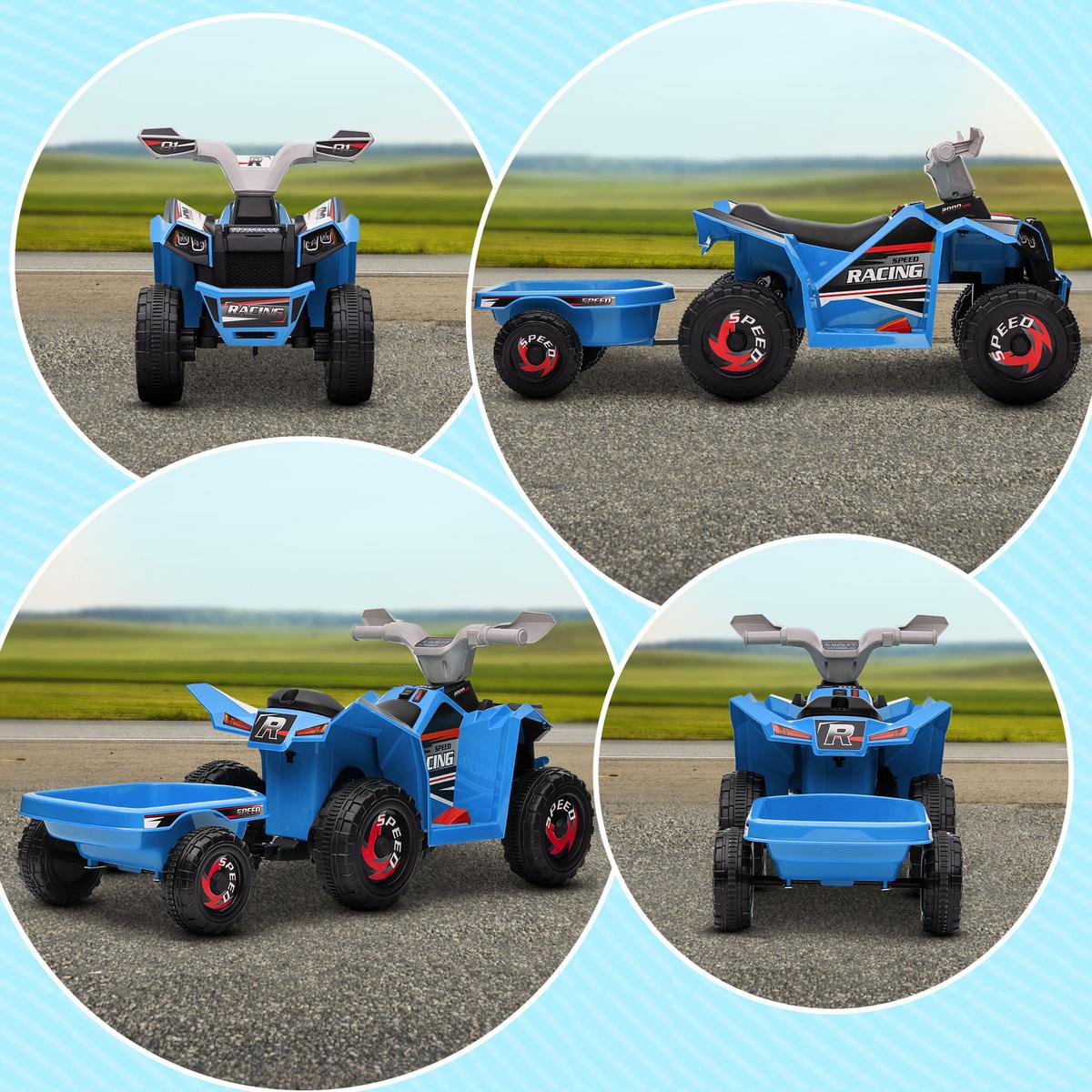 KINDERQUAD Kinder Elektro-Quad 6V Elektroauto mit Anhänger, 2,5 km/h Metall Blau - Blau, Metall (106/41.5/48.5cm) - HOMCOM