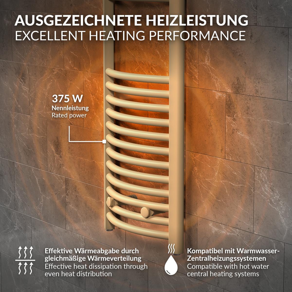 HANDTUCHHEIZKÖRPER 400 x 1200 mm Beige mit Thermostatventil Badheizkörper gebogen mit Seitenanschluss - Beige, Metall (40/120/3cm) - LuxeBath