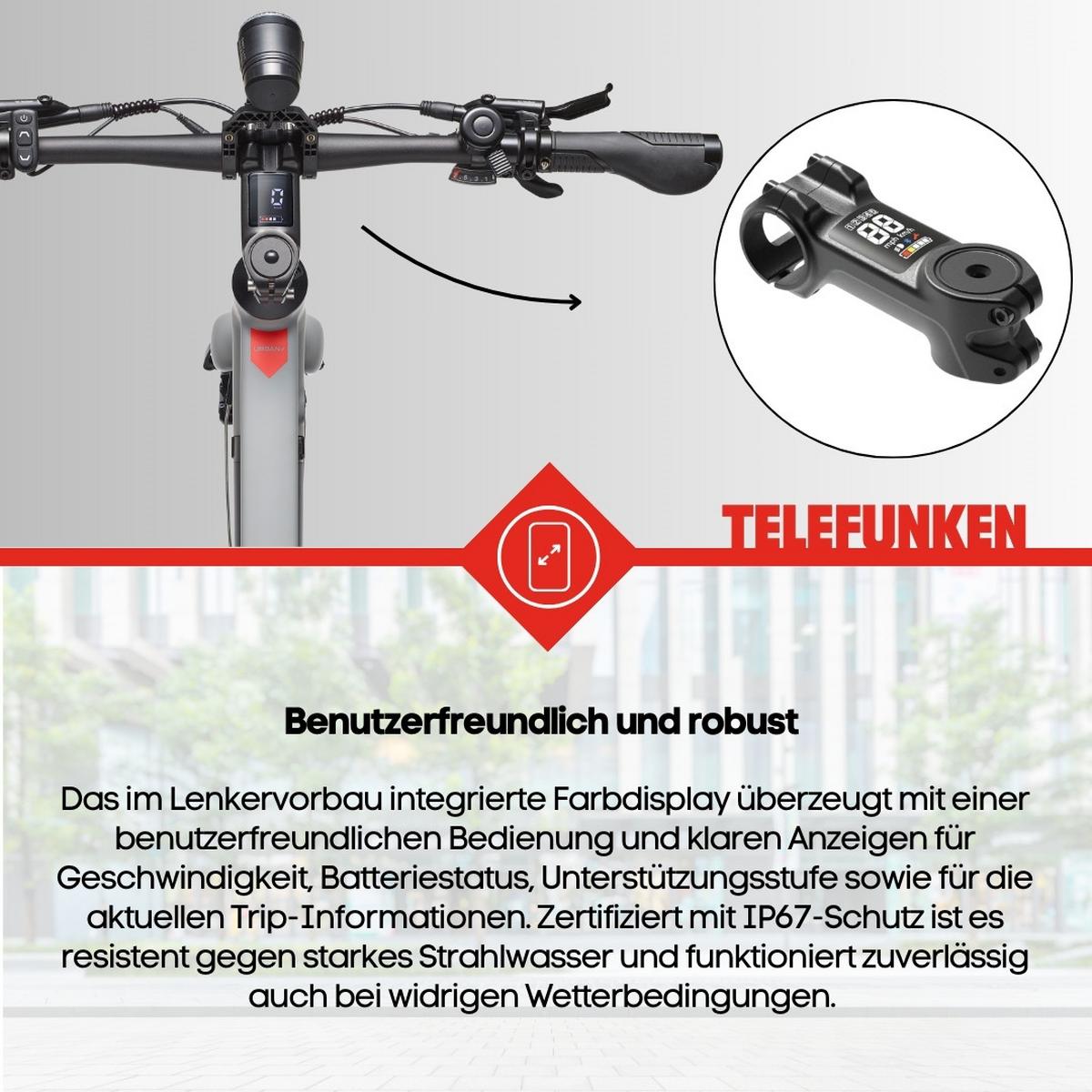 E-BIKE Urban UH200 28 Zoll Pedelec 475,2 Wh Hinterradmotor 7-Gang Kettenschaltung, leicht - Grau, Metall (111.5cm) - Telefunken