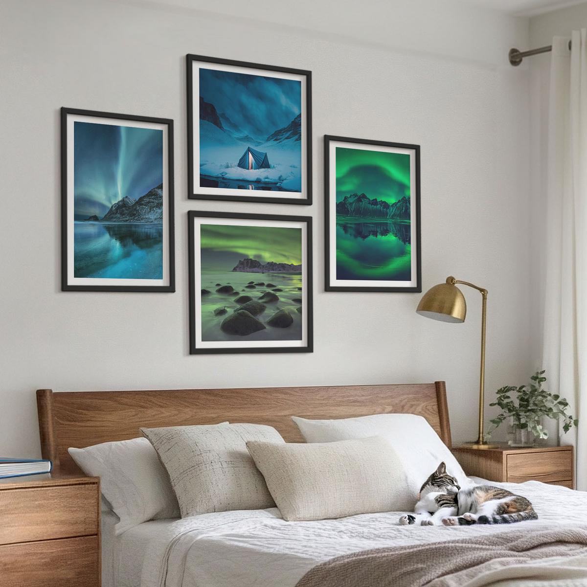 BILDER SET 4er Set - 50x50 cm & 40x60 cm Schwarzer Rahmen - Winterlandschaft mit Nordlichtern - Schwarz, Kunststoff (50/50cm) - TULUP
