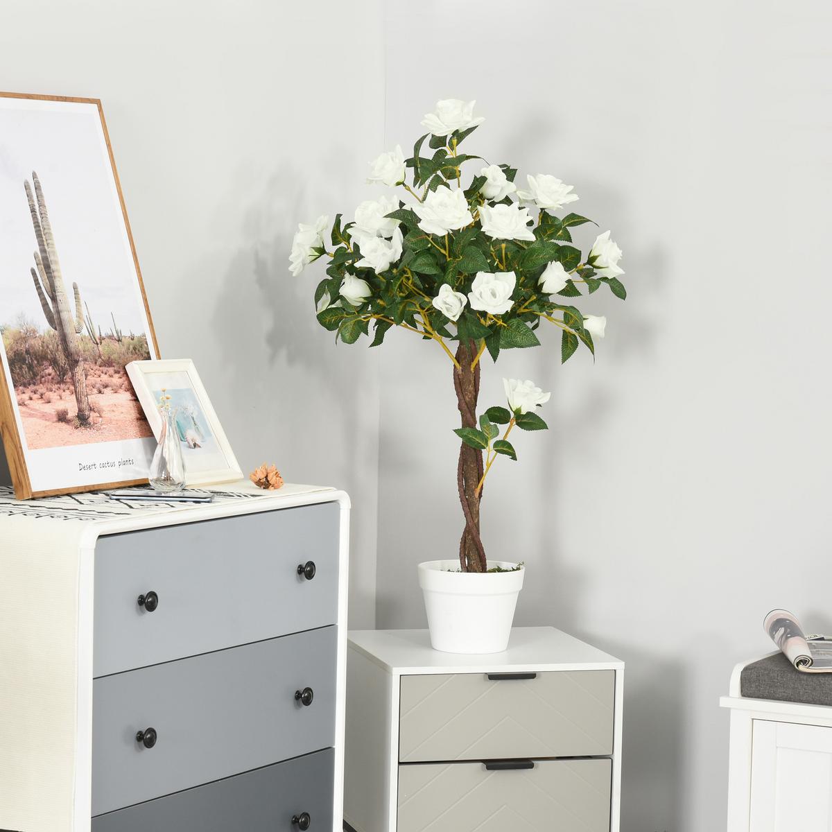 KÜNSTLICHE Rosenpflanzen groß 90 cm Kunstpflanze Rosenbaum für Wohnzimmer - Weiß, Kunststoff (90cm) - Outsunny