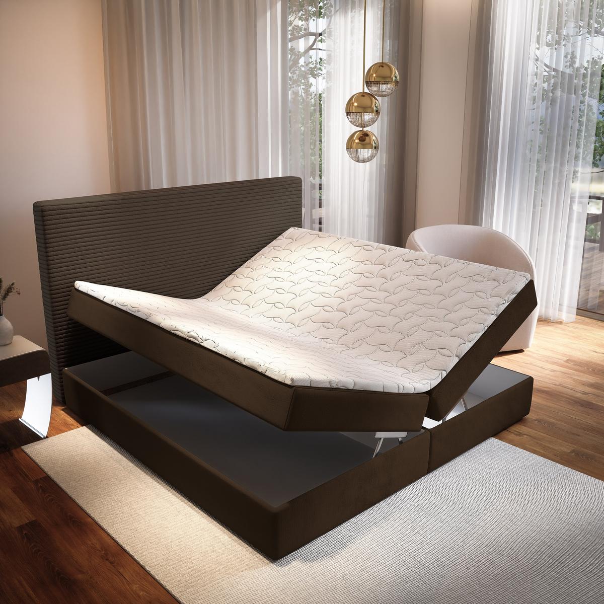 BOXBETT GIARRO 160x200 cm mit Matratze und Topper - Braun - Braun, Holz (160/200cm) - MASSENO